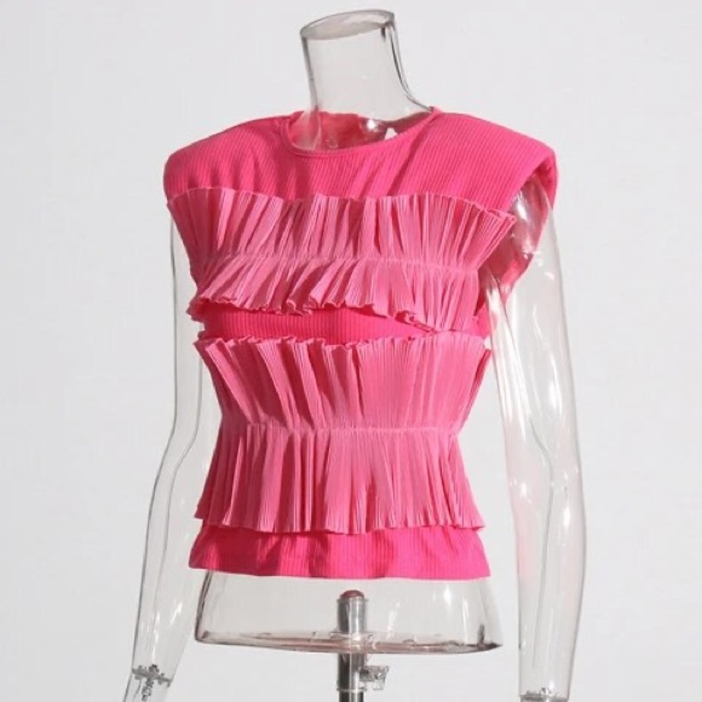 Pink Patchwork Pleated Ruffle Shirt - Picture 3 of 3
